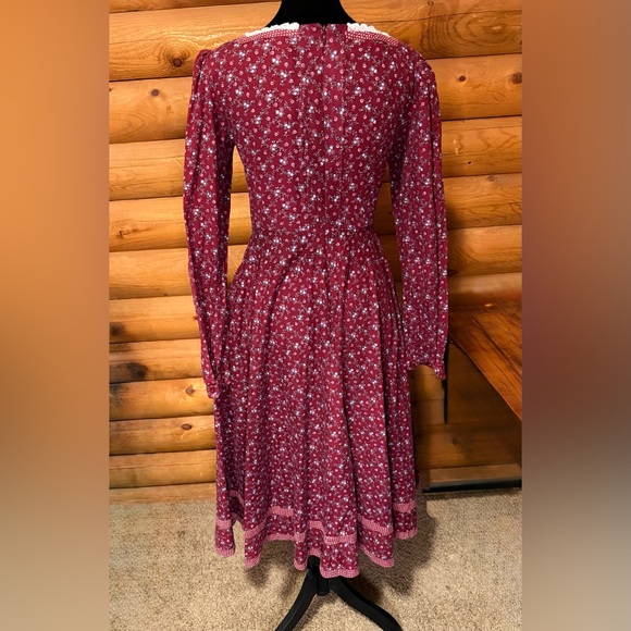 Gunne Sax Burgundy Floral Long Sleeve Dress - Picture 2 of 7